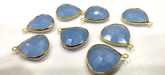 Natural Blue Chalcedony Heart Shape 20mm Briolette Single Loop Gemstone Bezel Connector Charms sold per piece