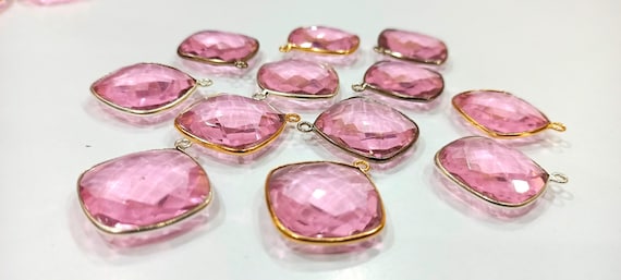 Pink Quartz Cushion Shape  21mm Briolette Connectors Hydro Quartz Corner Single Loop Bezel Charms Jewelry Making Bezel Choose Plating