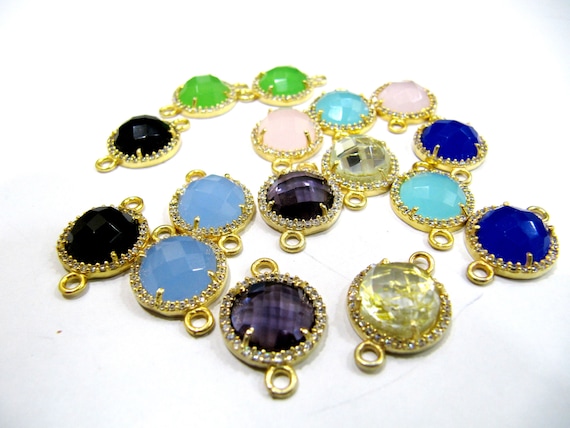 Gemstone Quartz Round Shape Briolette 13mm Connectors With Setted CZ Pave 24K Gold Electroplated Double Loop Gemstone Jewelry Charms