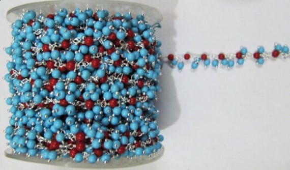 Smooth Coral Turquoise Plain Round Beads 3mm Cluster Dangling  Chain. Wire Wrap Chain Wholesale Prices Jewelry Making Quartz chain per foot