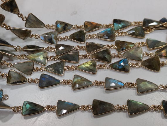 Natural Labradorite Trillion Triangle Shape Briolette Bezel Connector Chain 9x13mm Gold Plated Sold Per Foot Handmade Chain