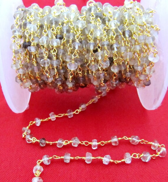 Natural Bio lemon Quartz Beaded Rosary Chain, Lemon Color Gemstone Rondelle Faceted Rosary Bead 3-4mm Chain sold per foot
