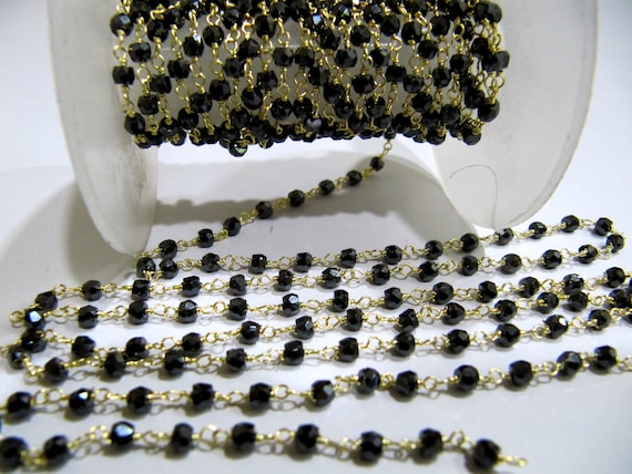 Natural Black CZ Rondelle Micro Faceted 3mm Size Beaded Cubic Zircon Wire Wrapped Rosary Chain Wholesale Prices sold per foot