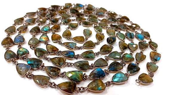 Natural Labradorite Trillion Shape Briolette Faceted Bezel Connector Chain 10x13mm Gold Plated Sold Per Foot High Quality Wholesale Prices