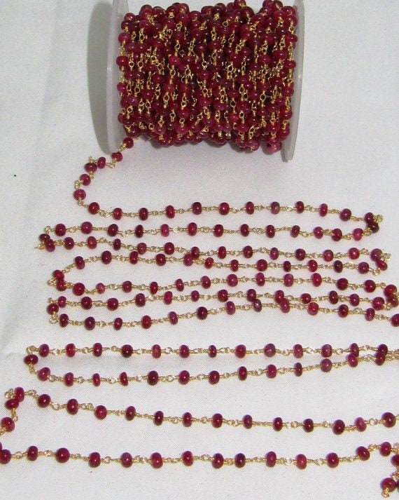 3- Feet Smooth Dyed Ruby Rondelle Size 4-5mm wire wrapped Aati Beaded Rosary Chain Wholesale Prices Jewelry Making Gemstone chain