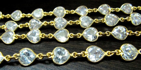 Natural Cubic Zirconia Heart Shape 8mm  bezel Connector Chain Sold Per Foot Top Quality Wholesale Price Jewelry making chain Handmade chain