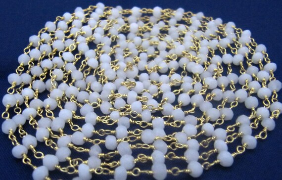 3- Feet Natural White Agate Rondelle Faceted Size 3-4mm wire wrapped  Beaded Rosary Chain Wholesale Prices Jewelry Making Gemstone chain