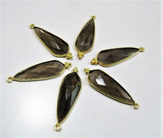 2 Pcs Set Natural Smoky Quartz Long Pear Shape 10x30mm Briolette Connectors Brown Stone Single Loop Bezel Jewelry Making Connectors