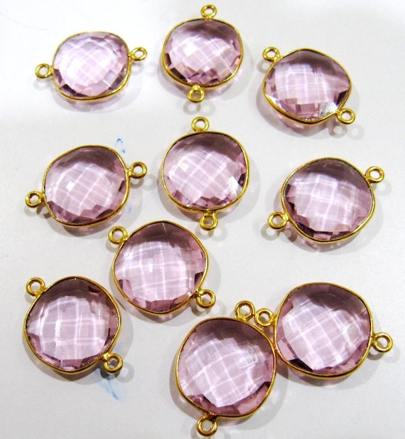3 Pcs Set Pink Hydro Quartz Cushion Shape 15-16mm Briolette Connectors Hydro Quartz Plated Double Loop Bezel Jewelry Making Bezel Connectors