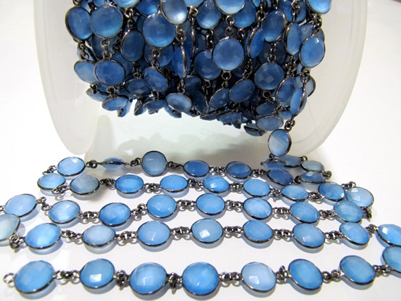 Blue  Chalcedony Round Coin Shape Briolette Connector Chain 10mm Sold Per Foot High quality Beads Wholesale Price Jewelry Making Chain