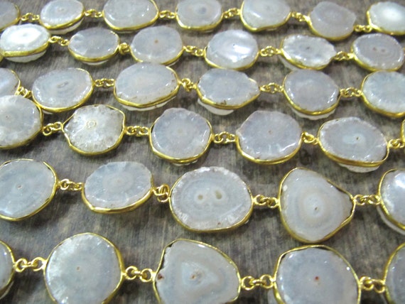 Natural White Solar Quartz Round 15-19mm Stalactite Slice Connector Bezel Chain Sold Per Foot