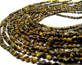 Natural Tiger Eye Faceted Coin Beads Size Exact 4mm, Micro Size Strand 13 Inches Long, Jewelry Making Wholesale Rate Gemstones