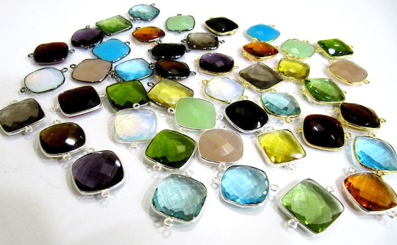Mix Color Quartz Gemstones Briolette 19mm Cushion Shape Double Loop Bezels Connectors Charms Pendants Choose the stone color and Plating