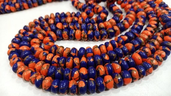 Natural Mohave Carnelian and  Blue Lapis Lazuli Copper Turquoise Rondelle Plain Smooth 8mm Beads Sold Per Strand 8 inches Long