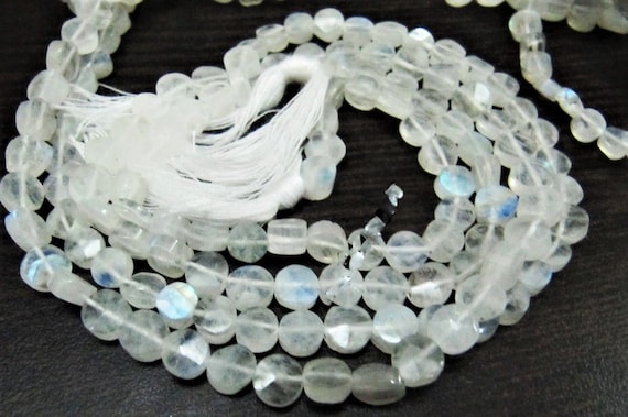 Natural White Rainbow Moonstone Coin Shape Briolette Beads Blue Flashy Moonstone Faceted Round Beads 5-6mm Size Sold per Strand 10inch