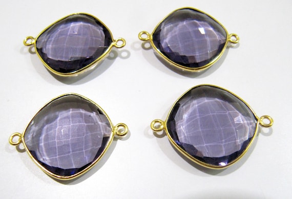 6 Pcs Set Amethyst Cushion Shape 13 to 19mm Briolette Connectors Hydro Quartz Plated Double Loop Bezel Jewelry Making Connector