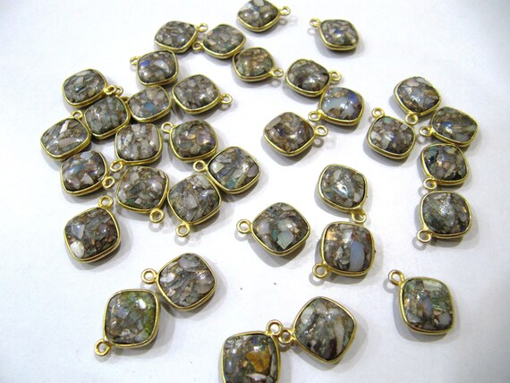 Ethiopian Opal Turquoise Cushion Shape 10mm Briolette connector Corner Single Side Loop  Bezel Charms Sold Per piece sold per Piece