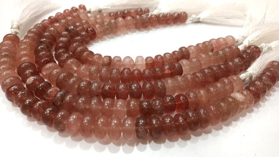 Natural Pink strawberry Quartz Rondelle Plain Smooth 8 to10mm Beads Sold Per Strand 8 inches Long