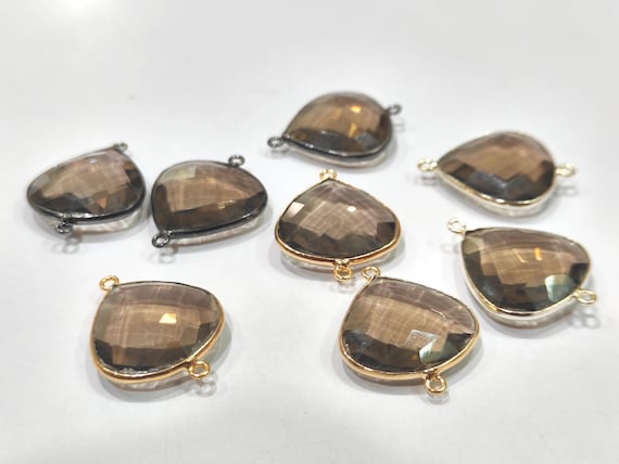 6 Pcs Set Natural Smoky Quartz Heart Shape 20mm Briolette Connectors Quartz Plated Double Loop Bezel Jewelry Making Bezel Connectors