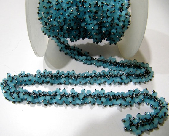 Aqua Chalcedony Hydro Quartz Rondelle Faceted 3mm Beads Cluster Dangling Chain Wire Wrapped Grape Beaded Rosary chain sold per foot