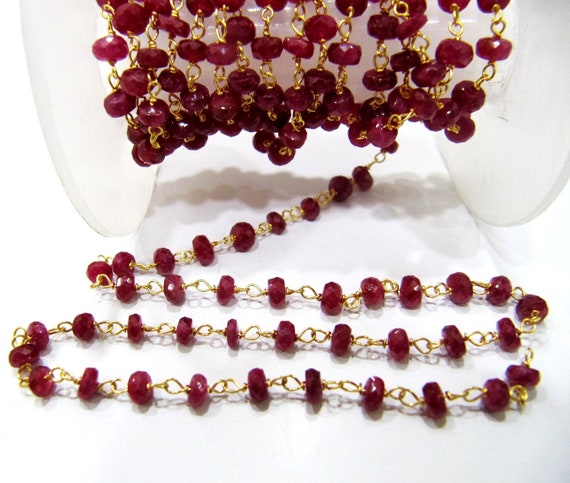 Natural African Ruby  Rondelle 3-4mm Faceted Beaded Rosary Handmade Chain Sold Per Foot High Quality Wholesale Prices