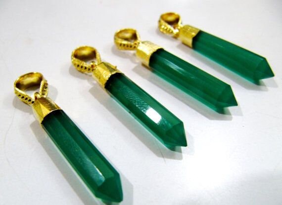 Natural Green Onyx  Gemstones Pointed Pencils with 24 Kt Gold Electroplated Cap and designer Gold Plated Bail Pencil Shape Charms per piece