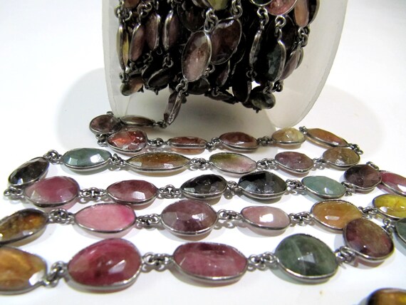 Natural Water Melon Multi color Tourmaline Briolette faceted Connector Chain Uneven Free Shape Sold Per Foot Wholesale Prices