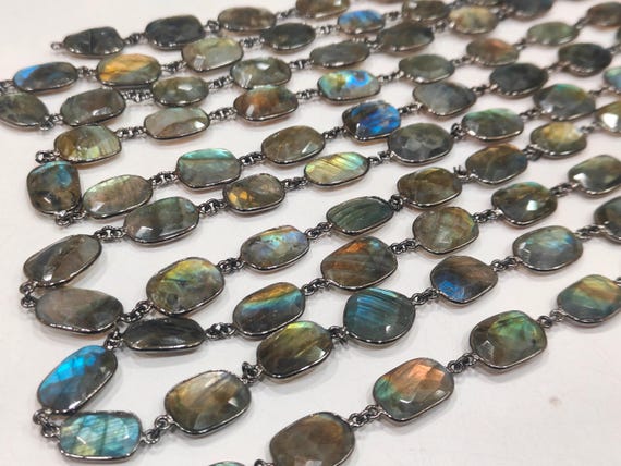 Natural Labradorite Free Shape Briolette faceted Uneven Bezel Connector Chain 12 to 15mm Sold Per Foot Wholesale price Blue Flashy Stones