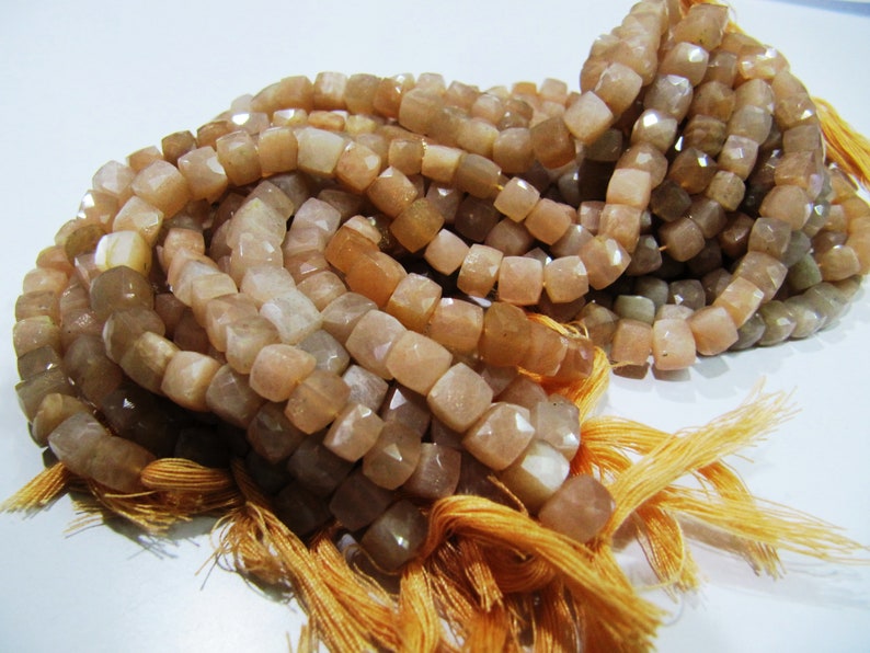 ON SALE Top Quality Moonstone 3D Box beads,Peach color Moonstone Faceted Cube Beads 6 to 7mm size,Superfine Cut and Polished Beads String 8i