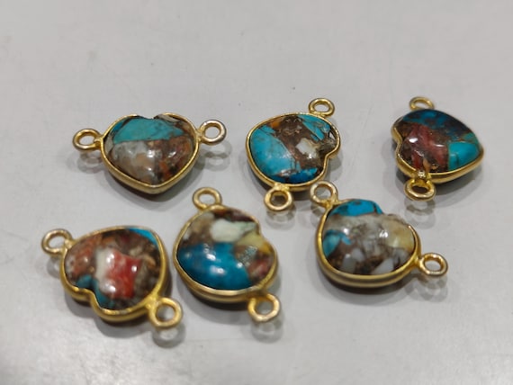 Natural Oyster Copper Turquoise heart Shape 10mm Briolette Connectors Center loop Bezel Charms Sold per Piece