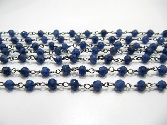 Natural Blue Sapphire  Rondelle Faceted 3-4mm Beads Wire Wrapped Sterling Silver Rosary Chain Wholesale Prices Jewelry chain sold per foot