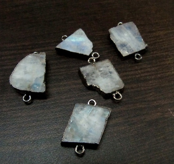 2 Piece Natural White Rainbow Moonstone Slice Connector Free Form Double Loop 1 inch Top Quality Electroplated Connectors charms