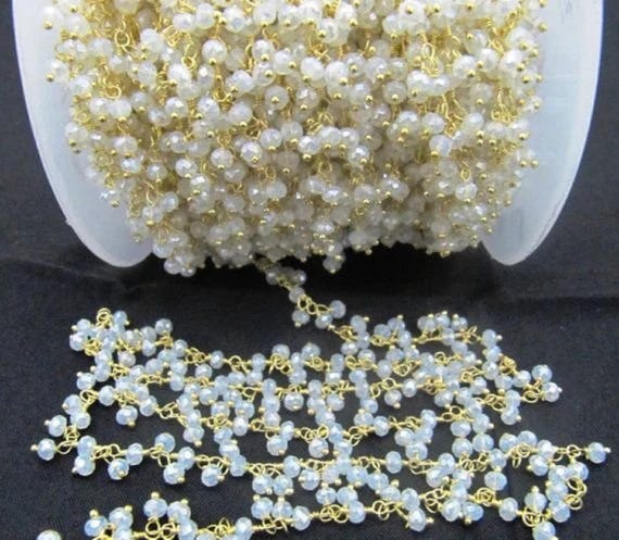 White Chalcedony Rondelle Faceted Beaded Dangling Thick  Chain 3mm Size White Hydro Quartz Bead Rosary Chain Wholesale Prices sold per foot