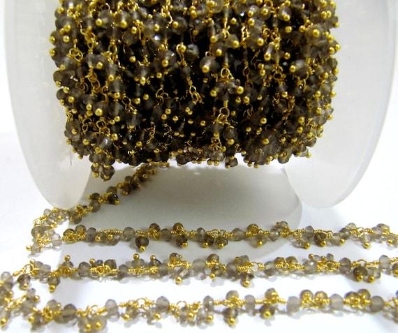 Natural Smoky Quartz Rondelle Faceted  3mm Beads Wire Wrapped Thick Dangling Rosary Beaded Chain Wholesale Prices sold per foot