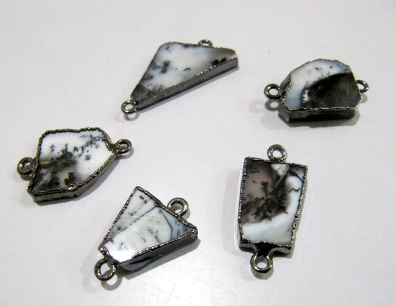 Natural Dendritic Opal Slice Connector Free Form Double Loop 1 inch approximately Top Quality Electroplated Connectors Choose Plating