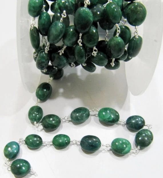 Natural Emerald Rosary Chain Smooth Oval Beads 9mm to 12mm Beryl Emerald Beaded Chain Sold Per FOOT Jewelry Making chain