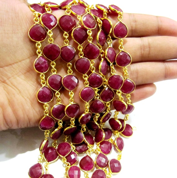 Dyed Ruby Heart Shape Briolette Faceted 10mm Bezel Connector Chain Sold Per Foot Wholesale price Jewelry making Chain