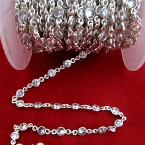 92.5% Sterling Silver White Round Cubic Zirconia 4mm bezel Connector Chain Sold Per Feet Top Quality Wholesale Price Jewelry making chain