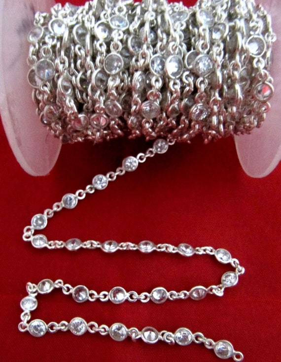 92.5% Sterling Silver White Round Cubic Zirconia 4mm bezel Connector Chain Sold Per Feet Top Quality Wholesale Price Jewelry making chain