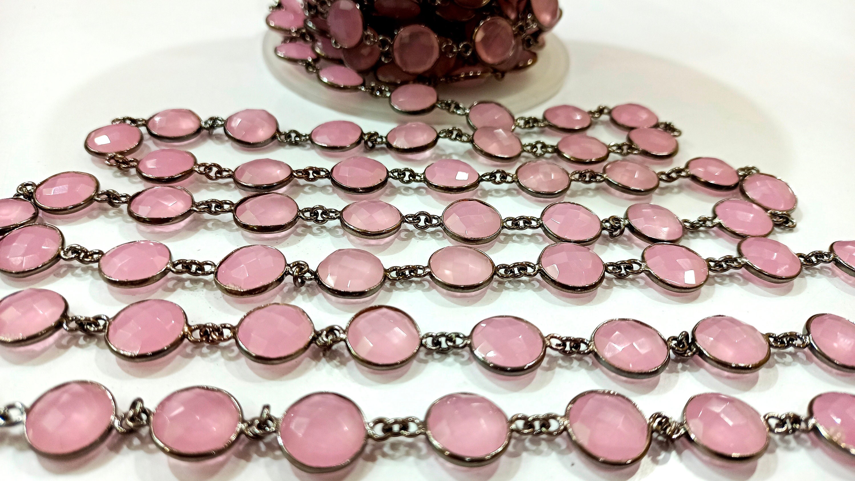 Natural pink Chalcedony 17 to 20mm Free Shape Nugget Tumbled Briolette  Faceted Bezel Connector Chain