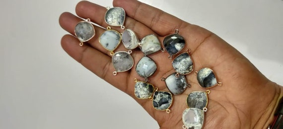 Natural Dendritic Opal Bezel Connector Heart Shape Double Loop 18mm approximately Top Quality Gemstone Connectors charms sold per piece
