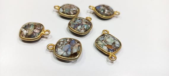 Ethiopian Opal Copper Turquoise Cushion Shape 10mm Briolette connector  Bezel Charms Sold Per piece