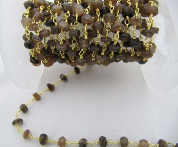 Natural Andalusite Rondelle Faceted Beaded  4-5mm Size Sterling Silver Rosary Brown Bead Chain Wholesale Prices gemstone chain per foot