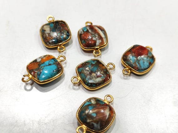 Natural Oyster Copper Turquoise Cushion Shape 10mm Briolette Connectors Double Side Loop Bezel Charms Sold per Piece