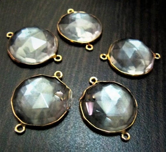 2Pcs Set Natural Rock Crystal Coin Shape 18mm Briolette Connector Genuine Crystal Quartz Bezel Connector Double Loop Wholesale Prices