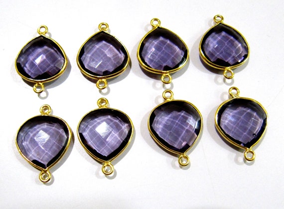 2 Pcs Set Amethyst Heart Shape 13 to15 mm Briolette Connectors Amethyst Hydro Quartz Double Loop Bezel charms Top Quality Wholesale price