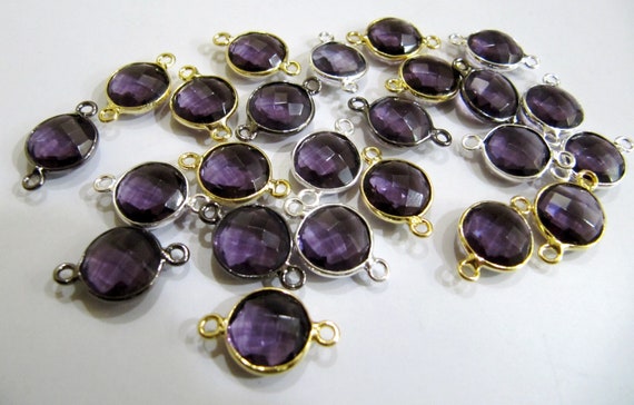 Amethyst Quartz  Round Coin Shape 10 to 11mm Briolette Faceted Double Loop Bezel Connectors Wholesale price Choose the Plating Color