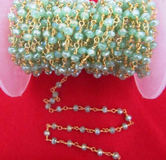 Mystic Green Chalcedony Rondelle Faceted Beaded Aati Chain 3mm Hydro Quartz Bead Chain gemstone chain sold per foot