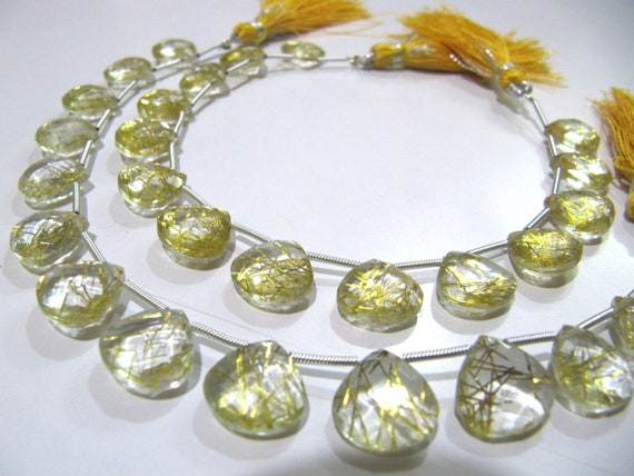 Golden Rutilated Hydro Quartz Heart Shape 11-12 mm Briolette Beads Strand 8 Inch Long Golden Color Heart Shape Beads