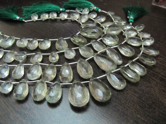 Natural Green Amethyst Pear Shape Faceted 8x12mm To 13x21mm Briolette Graduated Beads Strand 8 inches long Natural Amethyst Gemstone Beads